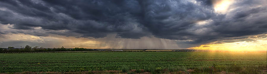 Hinter einem Feld geht von einer dunklen Wolke ein Regenguss nieder. Am unteren rechten Rand der Wolke blitzt die Sonne durch.