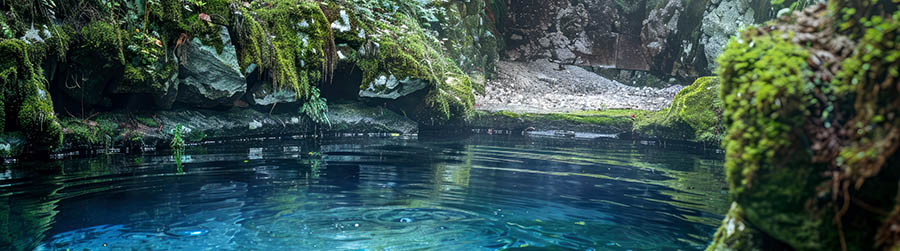 Ein Quelltopf mit blauem, klarem Wasser, umrahmt von bemoosten Steinen